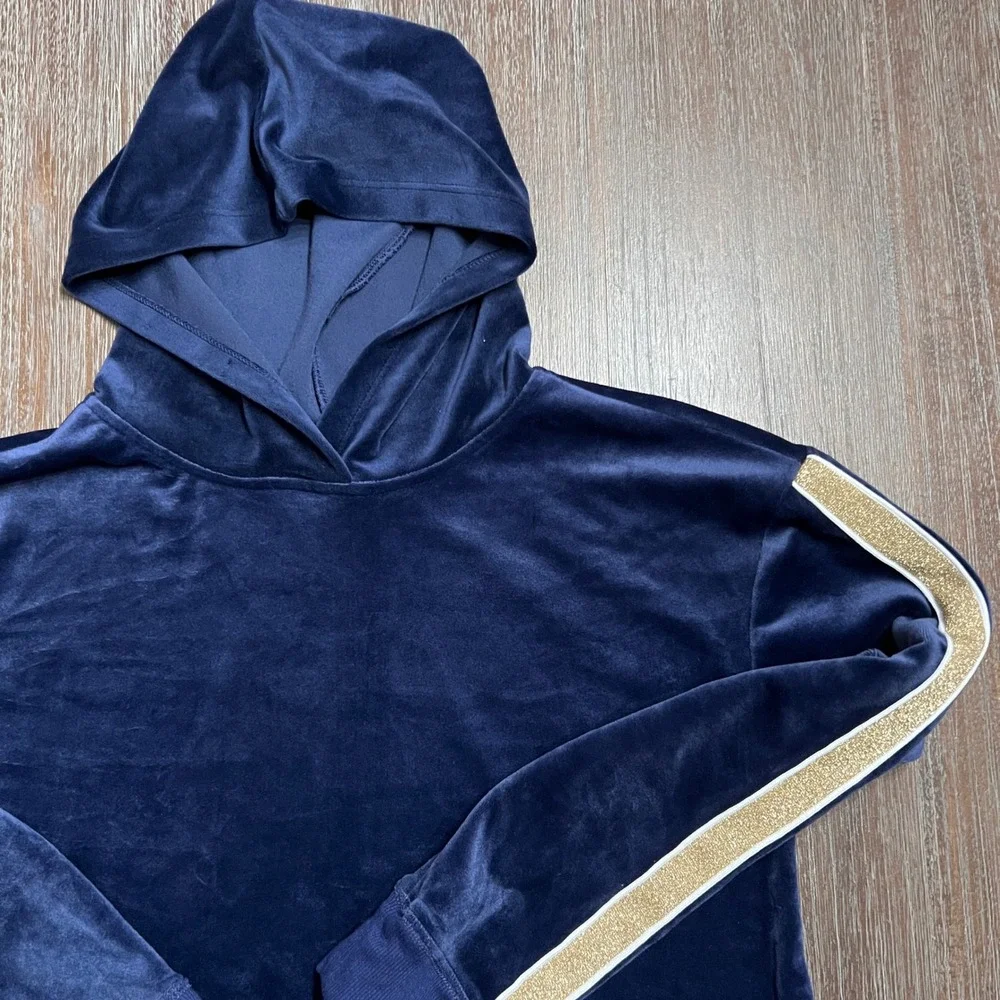 Justice Active Velour Soccer‎ Hoodie Girls Size 14/16 Navy Gold Glitter Stripes